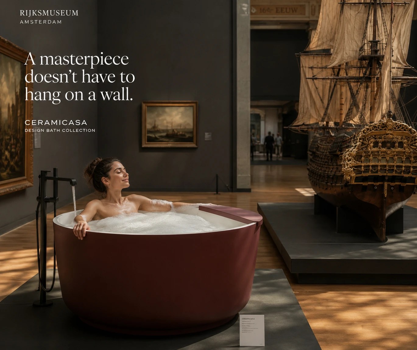 Bath placed in a Rijksmuseum gallery beside a historic ship model, with the line A masterpiece doesn't have to hang on a wall