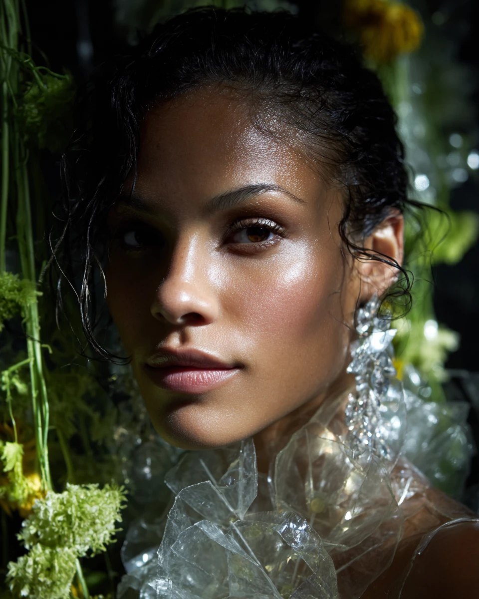 Beauty portrait among wet greenery and broken glass